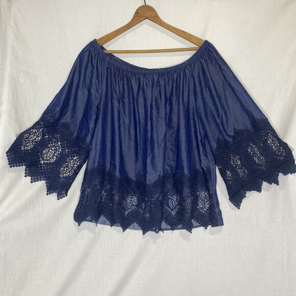 UNIQUE SPECTRUM Blouse Lace Trim 3/4 Sleeve Off Shoulder Gypsy Womens 1X Blue - Picture 6 of 9
